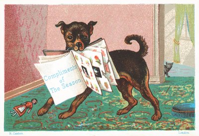 Hund med bok i mun, julkort av English School