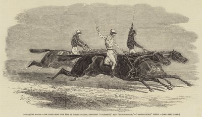 Doncaster Races, dead-heat för St Leger Stakes, mellan "Voltigeur" och "Russborough", "Bolingbroke" Tredje (gravyr) av English School