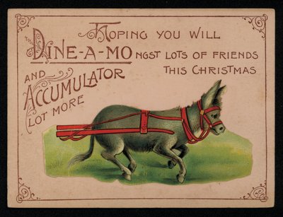 Åsna och julmeddelande, hälsningskort. (chromolitho) av English School
