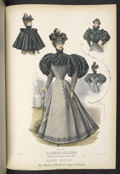 Doris sammet, För blusar, livstycken, kappor & kjolar,  Tallrik 2250, Doris sammet för blusar, livstycken, kappor & kjolar,  Klänningen och Milliner,  1895 av English School