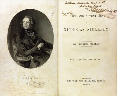 Dubbelsidig uppslag med ett porträtt av Dickens och en dedikation av Dickens till William Harrison Ainsworth av English School