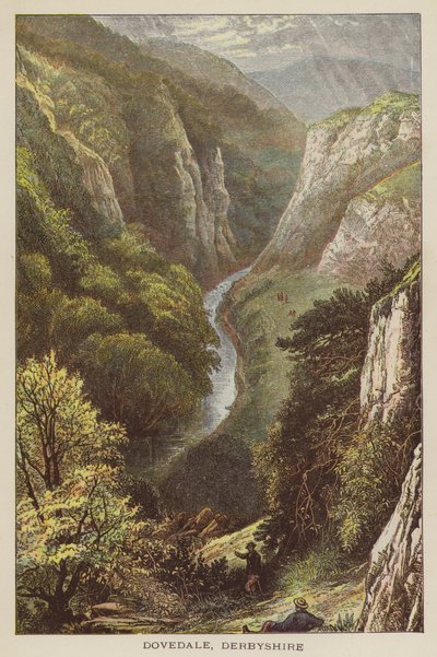 Dovedale, Derbyshire (färgad gravyr) av English School