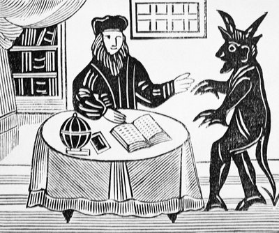 Dr. Faustus in Counsel with the Devil, från Gents översättning av Dr. Faustus av Christopher Marlowe (1564-93) 1648 från en samling kapböcker om esoterica av English School