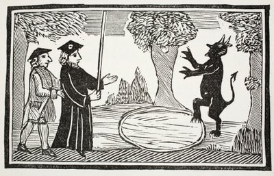 Dr. Faustus reser djävulen, illustration från Chap-books of the Eighteenth Century av John Ashton, pub. 1882 av English School