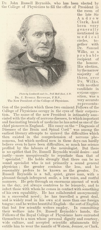 Dr J Russell Reynolds, FRS, den nya presidenten för College of Physicians (gravyr) av English School