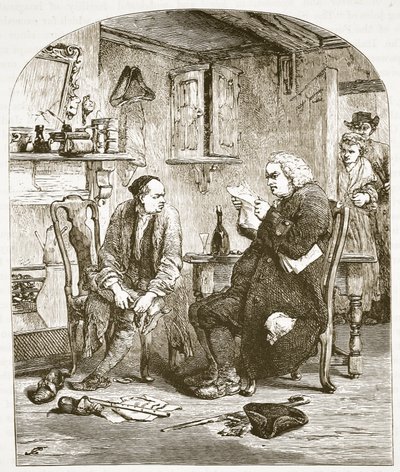 Dr Johnson läser manuskriptet av Vicar of Wakefield, illustration från Cassells Illustrated History of England (sepiafoto) av English School