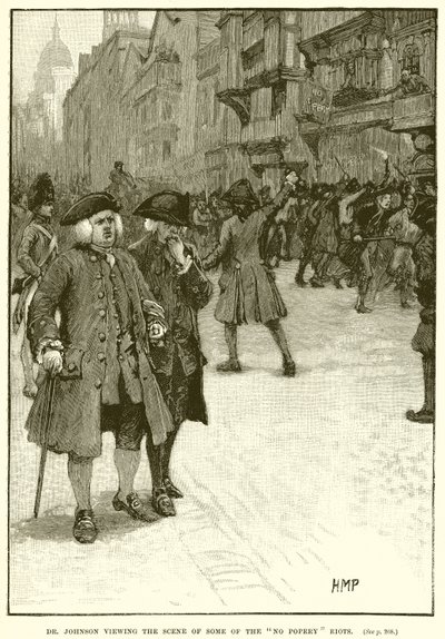 Dr. Johnson betrachtet die Szene einiger No-Popery-Unruhen von English School
