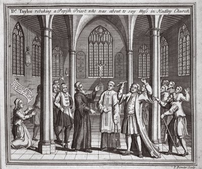Dr Taylor tillrättavisar en påvlig präst som var på väg att säga mässa i Hadley Church, illustration från Foxes Martyrs c.1703 av English School