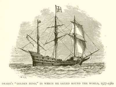 Drakes Golden Hind, där han seglade jorden runt, 1577-1580 av English School