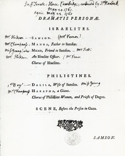 Dramatis Personae for Samson, ett oratorium av Händel, publicerat 1759 av English School