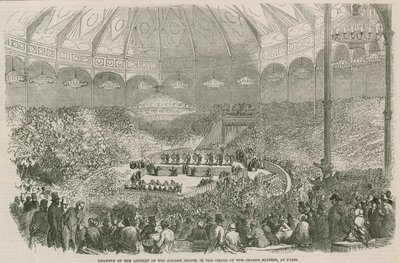 Dragning av lotteriet av Golden Ingot i Circus of Champs Elysees, Paris, Frankrike av English School