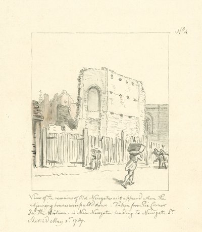 Ritning av resterna av Old Newgate (bläck på papper) av English School