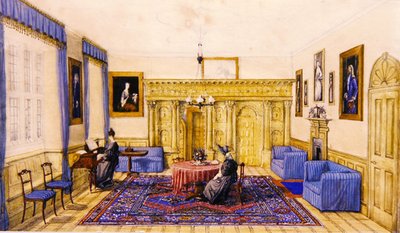 Salongsinredning av ett hus på landet, ca 1830 (akvarell på papper) av English School
