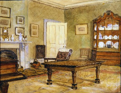 Salongsinredning med porslinsamling, ca 1890 (akvarell på papper) av English School