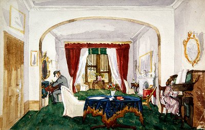 Salongsinteriör, kvinna vid piano, man i bowlerhatt skrift, ca 1850 (akvarell på papper) av English School