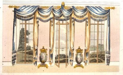 Fönstergardiner i salongen, skylt 109 från Ackermanns konstförråd, publicerad 1820 (färg litho) av English School