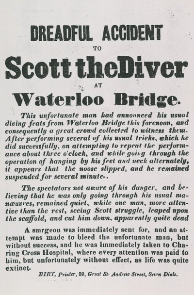 Den fruktansvärda olyckan av Scott the Diver vid Waterloo Bridge av English School