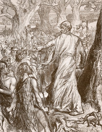 Druider som hetsar britterna att motsätta sig romarnas landsättning, illustration från Cassells Illustrated History of England (sepiafoto) av English School
