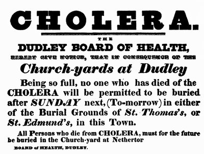 Dudley Board of Health-affisch som tillkännager begravningsförfarandet för människor som har dött i kolera, ca 1840-talet av English School