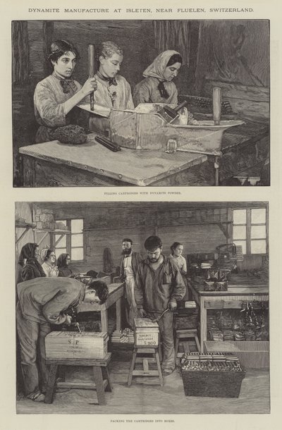 Dynamittillverkning på Isleten, nära Fluelen, Schweiz (gravyr) av English School