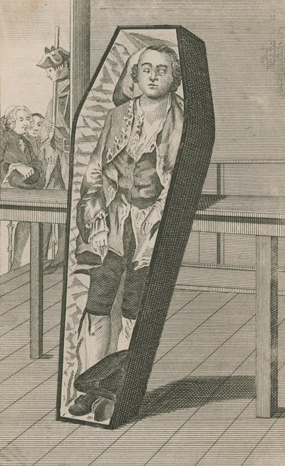 Earl Ferrers när han låg i sin kista i Surgeons Hall av English School