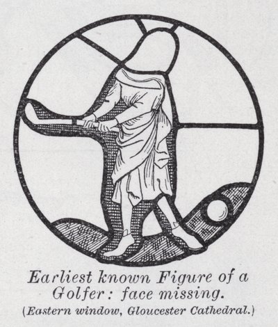 Den tidigaste kända figuren av en golfspelare, ansikte saknas, östra fönster, Gloucester Cathedral (litho) av English School