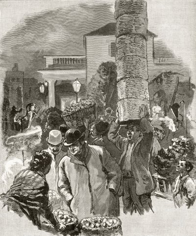 Early Morning in Covent Garden, från "London Pictures: Drawn with Pen and Pencil", av pastor Richard Lovett, publicerad 1890 (litho) av English School