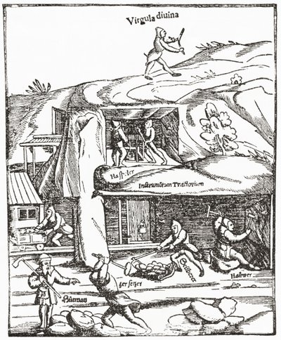 Tidig representation av Divining Rod, som visar en figur med en dykstav ovan jord som letar efter vatten, kol eller guld och gruvarbetarna under jorden sliter för att hitta kol. Från The Strand Magazine publicerad 1897. av English School