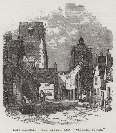East Dereham, kyrkan och "Clocker Tower" (gravyr) av English School