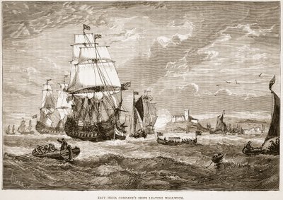 East India Company fartyg som lämnar Woolwich, illustration från Cassell