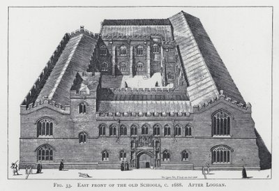 Östra framsidan av de gamla skolorna, c 1688, efter Loggan av English School