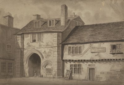 Östlig vy av porten till Abbey of St Saviour, Bermondsey, ca 1825 (penna, penna och tvätt på papper) av English School
