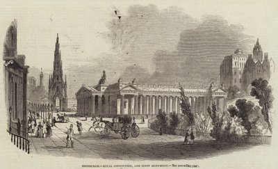 Edinburgh, Royal Institution och Scott Monument (gravyr) av English School