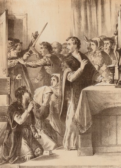 Edmund Genings, "Bröt upp dörren till kammaren där han firade" (litografi) av English School