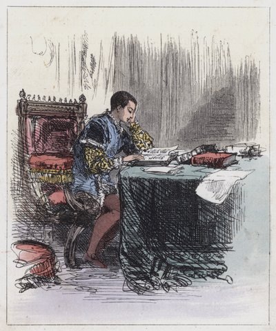 Edward VI, vid hans studier (färgad gravyr) av English School