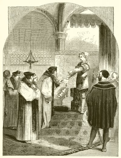 Edvard VI. överlämnande av beslutet om avrättningen av Joan Bocher till ärkebiskop Cranmer av English School