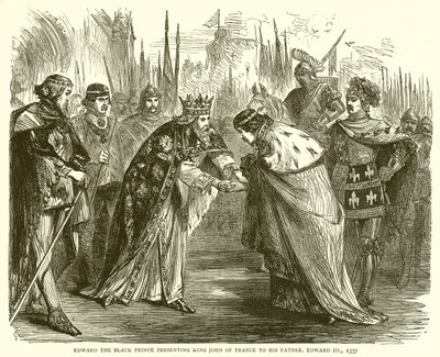 Edward den svarte prinsen presenterar kung John av Frankrike för sin far, Edward III, 1357 av English School