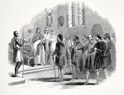 Edward den förste presenterar de walesiska hövdingarna med en prins född bland dem, på Rhuddlan Castle av English School