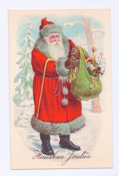 Edwardianskt vykort med jultomten som håller en säck med leksaker, ca 1910 (färglitografi) av English School