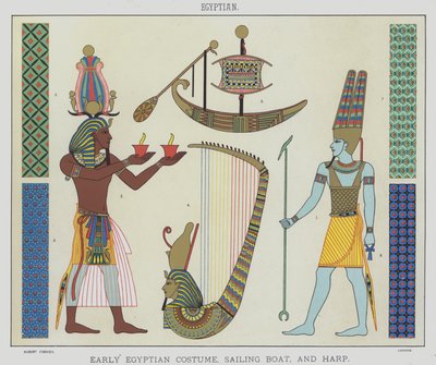 Egyptisk, tidig egyptisk kostym, segelbåt och harpa (färg litho) av English School
