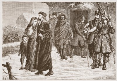 Att kasta ut en ungersk protestantisk pastor på vintern, illustration från The History of Protestantism av James Aitken Wylie (1808-1890), pub. 1878 av English School