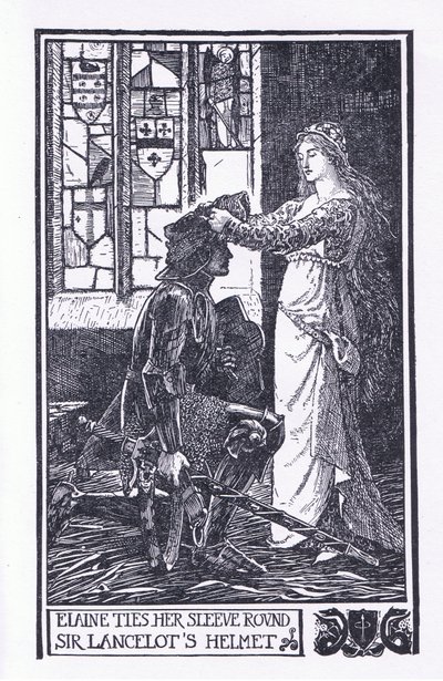 Elaine knyter ärmen runt Sir Lancelots hjälm, illustration från "The Book of Romance" publicerad av Longmans Green och Co av English School
