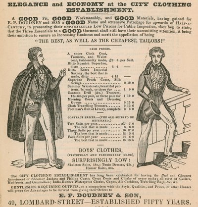 Elegans och ekonomi på City Clothing Etablissement; E P Doudney & Son, 49 Lombard Street, London av English School