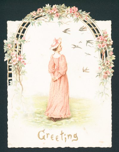 Elegant dam som står under valv, julkort av English School