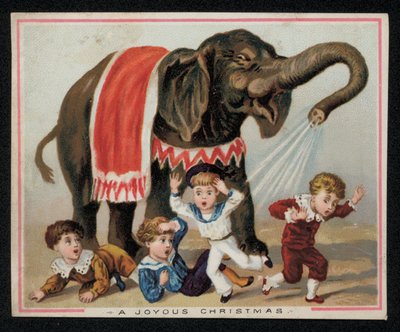 Elefant som lekfullt duschar barn med vatten, julhälsningskort. (chromolitho) av English School