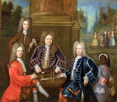 Elihu Yale (1648-1721) den andre hertigen av Devonshire, Lord James Cavendish, Mr Tunstal and a Page, ca 1708 av English School