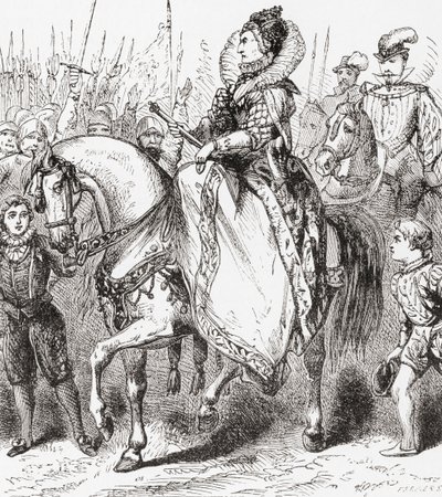 Elizabeth I inspekterar sina trupper vid Tilbury Port, 1588, från Ward and Locks Illustrated History of the World, pub. c.1882 av English School