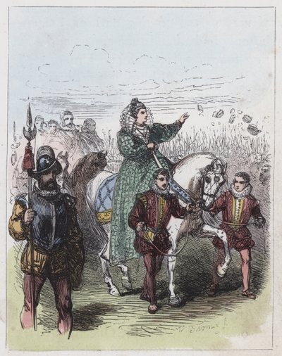 Elizabeth granskar trupperna i Tilbury (färgad gravyr) av English School