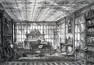 Elizabethan Dining Room, publicerad i The House-Furnisher & Decorator, 1 oktober 1872 av English School