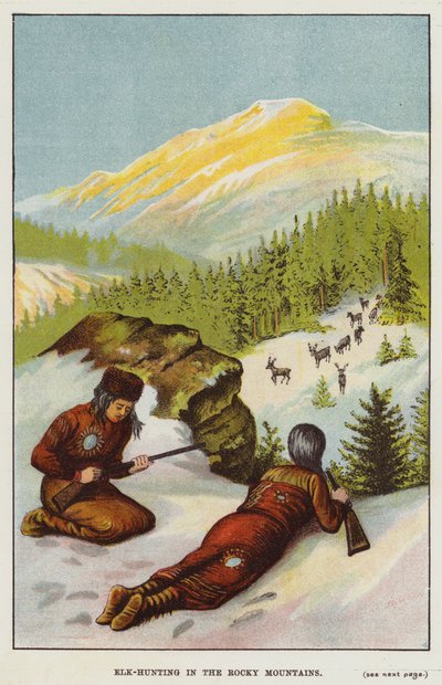 Älgjakt i Klippiga bergen (färg litho) av English School